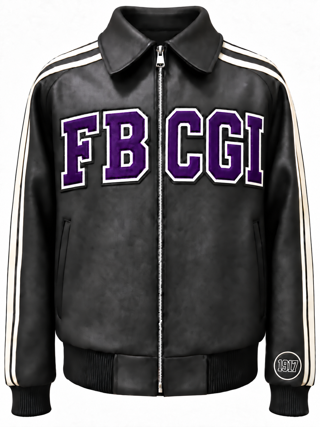 Bell Ivory custom jacket — black leather bomber with purple FBCGI lettering and white shoulder stripes