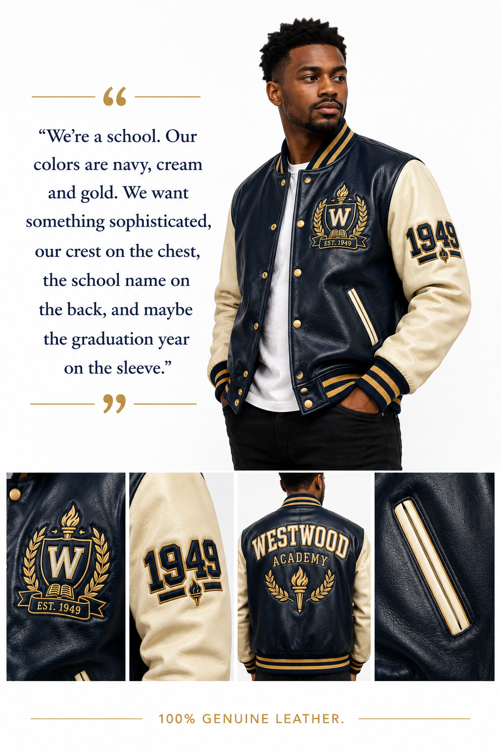 Custom navy and cream varsity jacket with crest, sleeve year, and back lettering
