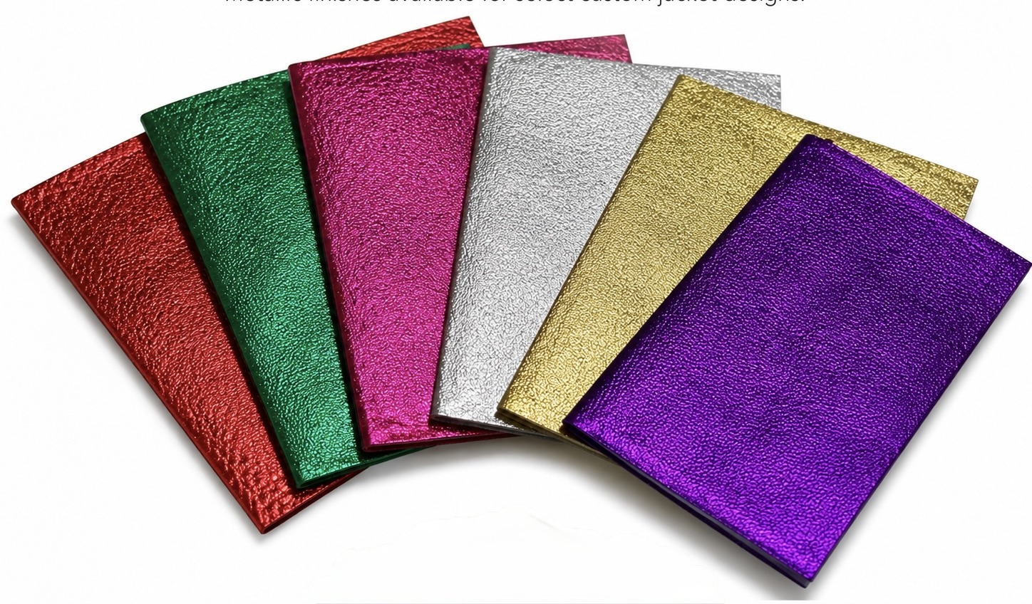 Metallic leather swatches in red, green, pink, silver, gold, and purple