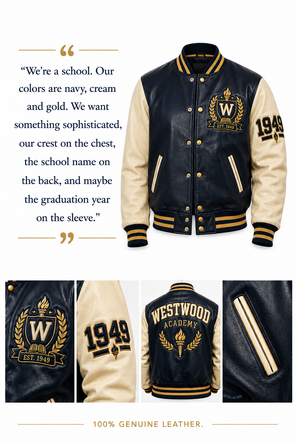 Custom navy and cream Westwood Academy varsity jacket with crest, sleeve year, and back lettering