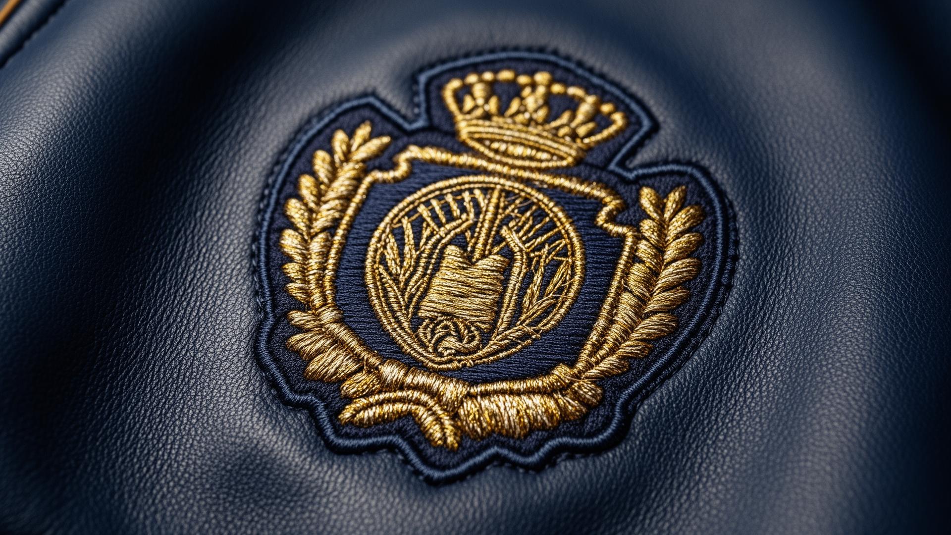 Close-up of embroidered gold crest on a navy Bell Ivory jacket
